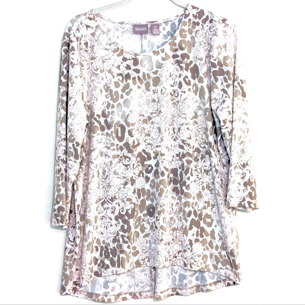 EUC Chico's Women's Floral Top 3/4 Sleeve Size 2 (12-14) Slight High Low Hem
